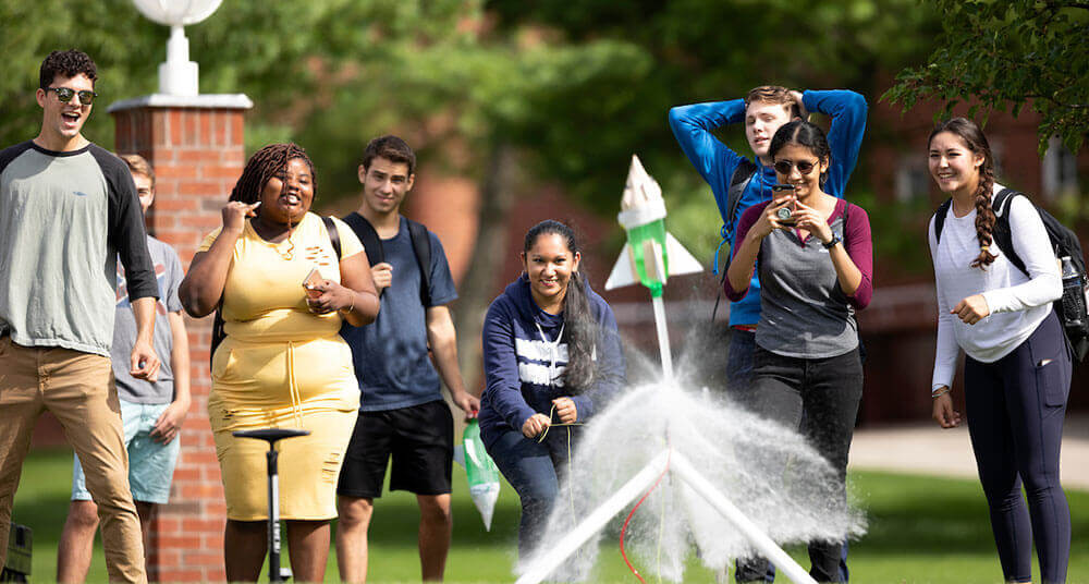 Engineering students launch water bottle rockets on the Mount Carmel Campus